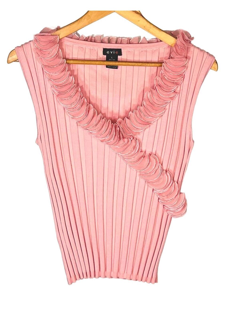Vintage Y2K Coquette Evie Pink Silk Blend Ruffle Rosette Ribbed Tank Top L